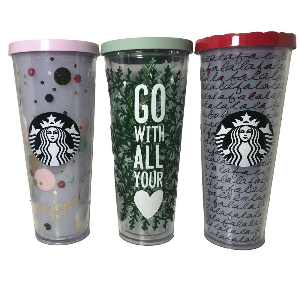 Starbucks Lot of (3) Three Holiday Cup Tumblers, 24 fl oz, No Straws